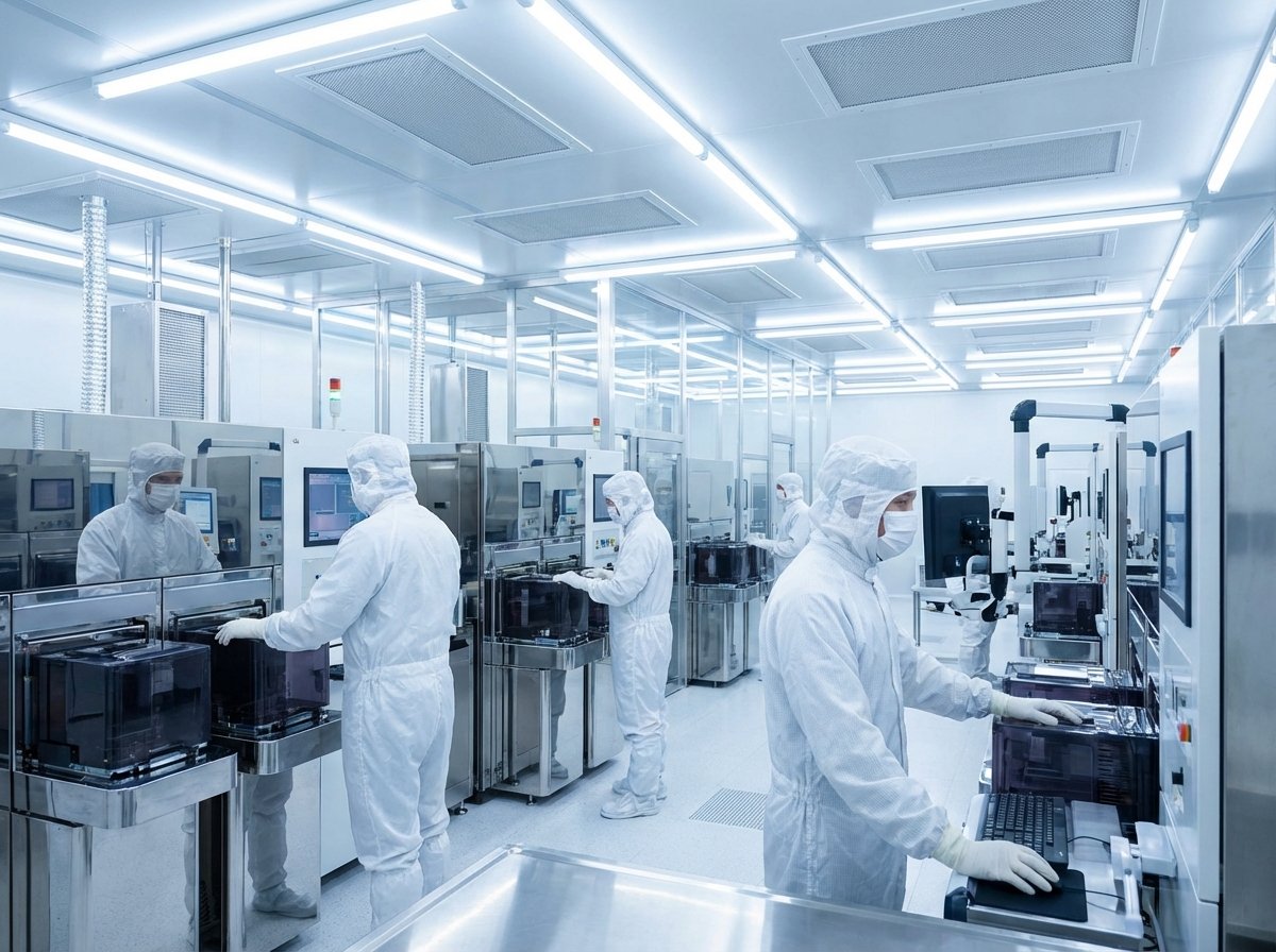 Professional semiconductor engineers in white cleanroom suits working with high-tech machinery in a fabrication plant, bright and modern laboratory setting, 4:3 aspect ratio, no text, realistic photography