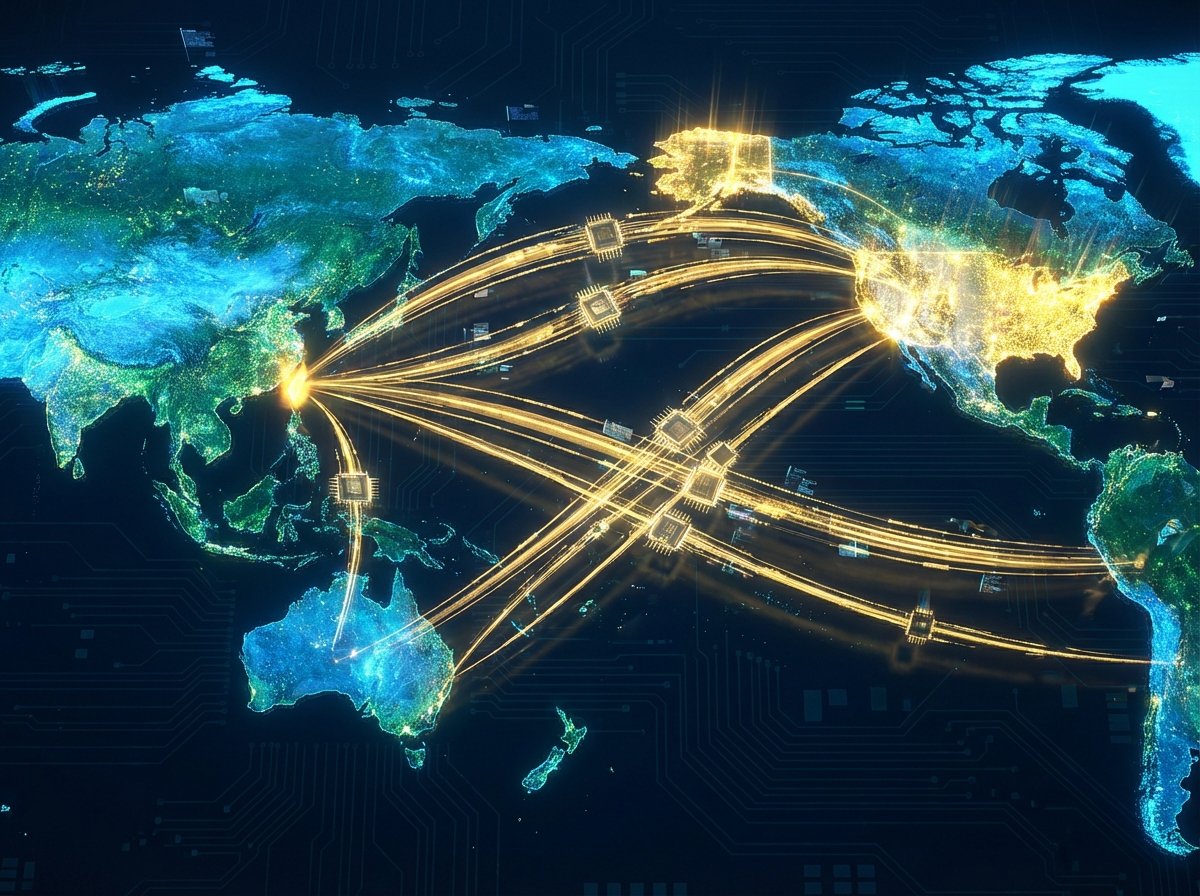 A stylized global map highlighting Taiwan and the United States, connected by glowing golden lines representing semiconductor supply chains, futuristic and professional, 4:3 aspect ratio, no text