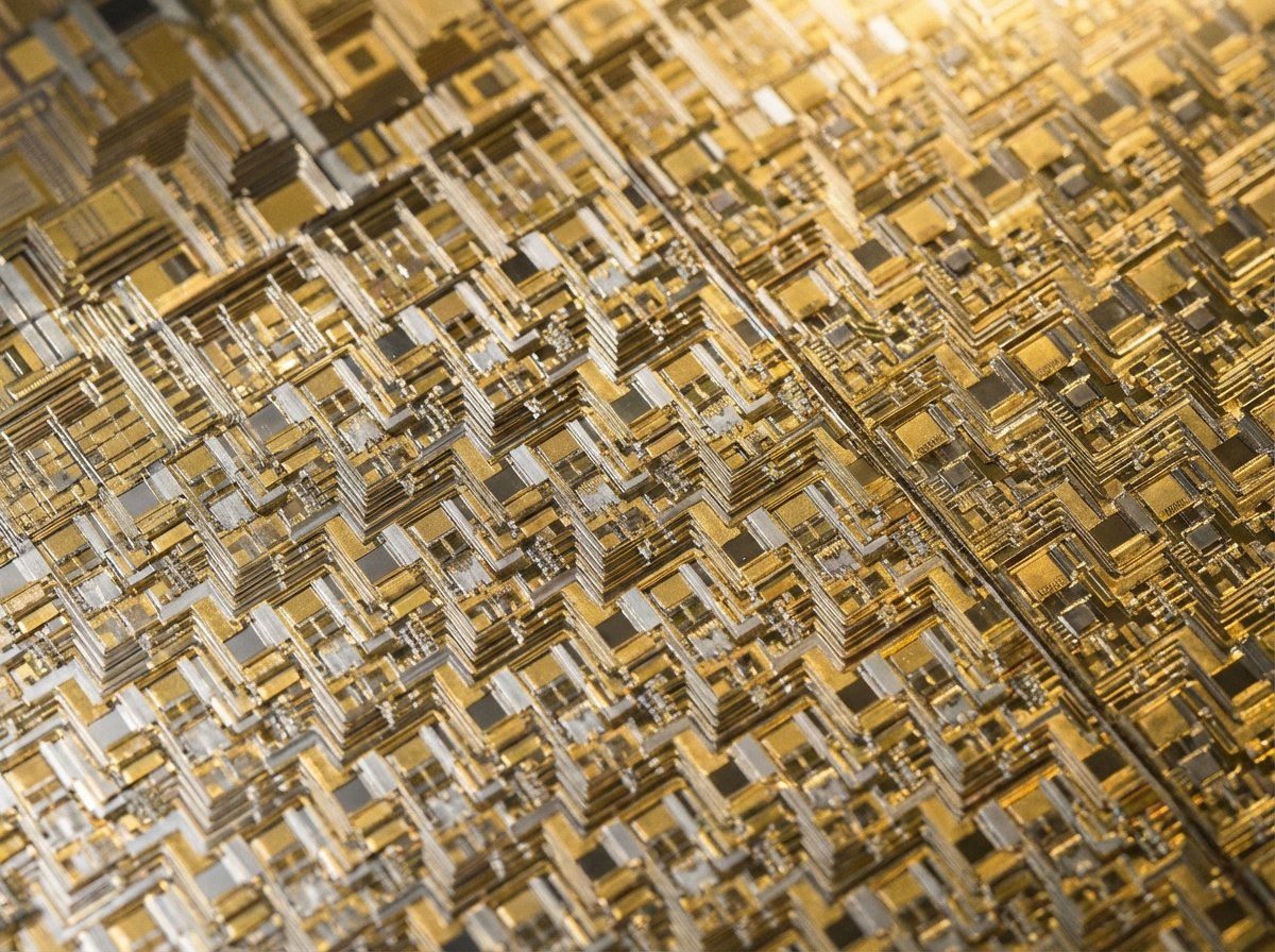 Close up macro shot of a highly detailed silicon wafer with intricate circuit patterns, gold and silver metallic tones, professional lighting, 4:3 aspect ratio, no text