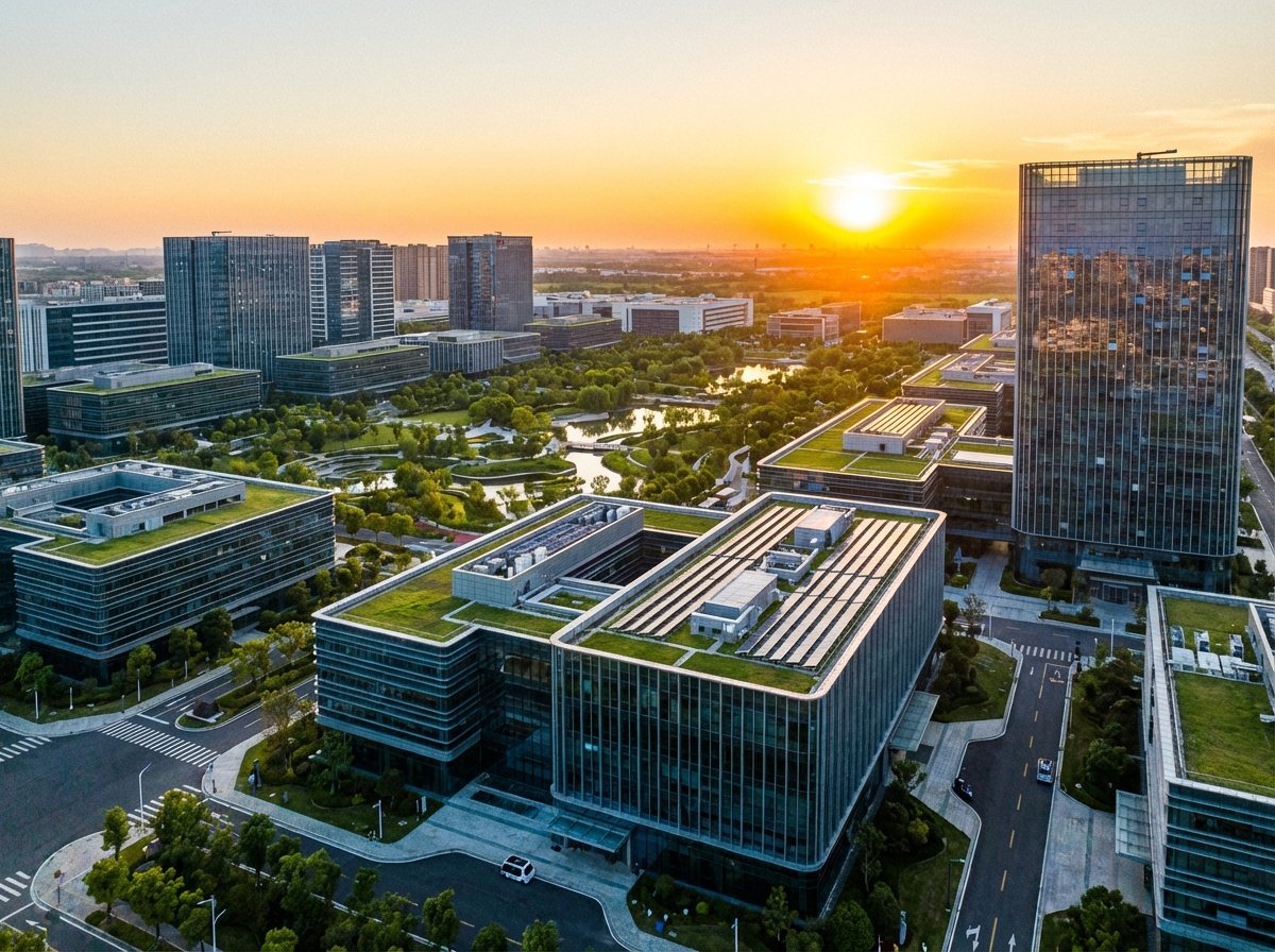 Panoramic view of a modern semiconductor industrial park with sleek glass buildings and green spaces, sunset lighting, high contrast, 4:3 aspect ratio, no text