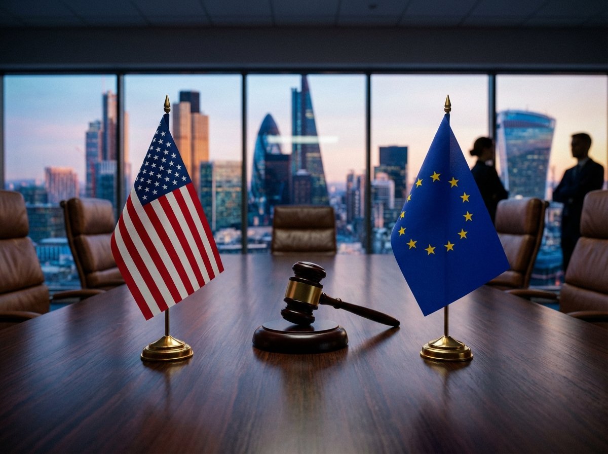 A high-quality 4:3 image featuring the U.S. and European Union flags placed on a polished dark wooden table with a judge gavel in the center. The atmosphere is tense and professional, with a modern office skyscraper view in the background at dusk. 4:3 aspect ratio, no text.