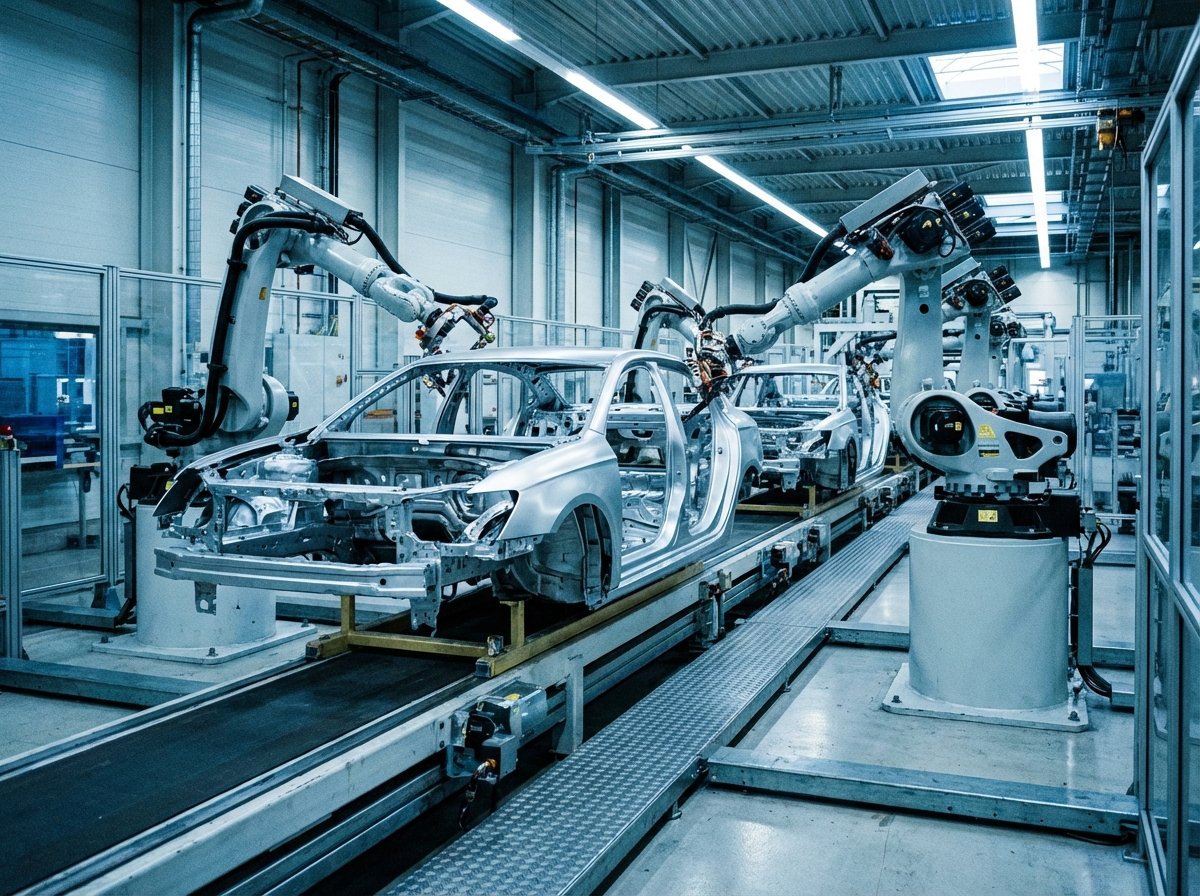 A realistic 4:3 image of a modern automated car assembly line in Germany. Sleek silver car frames move through a high-tech facility with robotic arms. The lighting is cool and industrial, reflecting a serious business environment. 4:3 aspect ratio, no text.