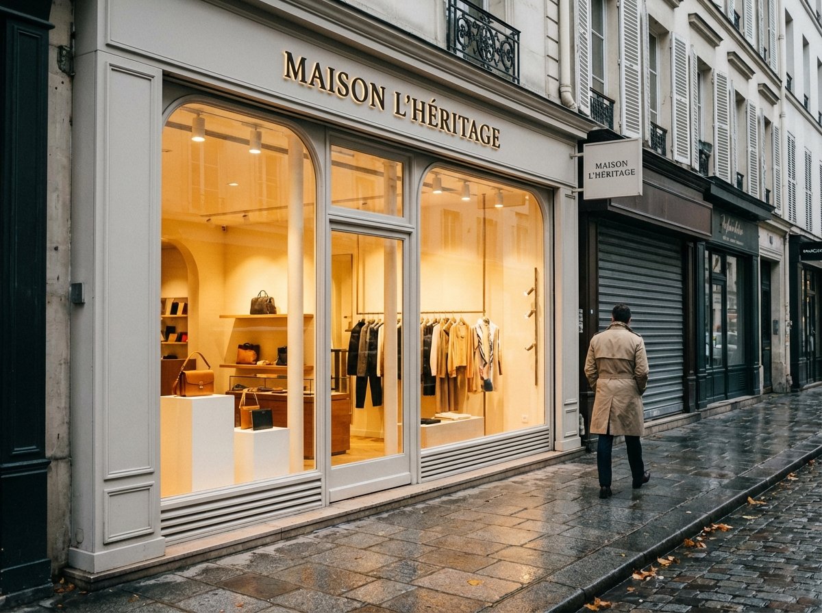 A lifestyle photography of a high-end luxury boutique entrance in Paris. The storefront is elegant with glass windows and designer displays. The lighting is warm but the street looks quiet, suggesting economic uncertainty. 4:3 aspect ratio, no text.