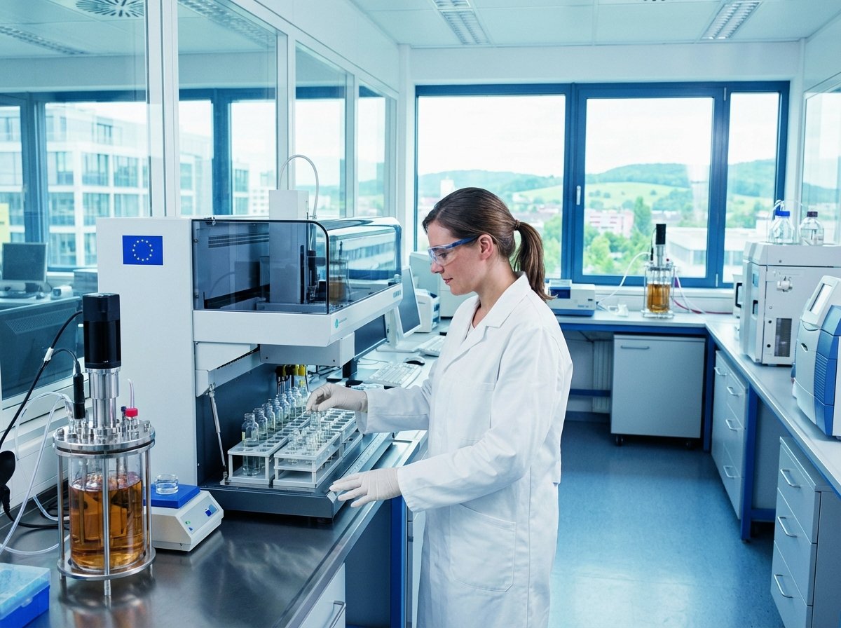 A professional image of a pharmaceutical laboratory setting. A scientist in a white coat and gloves is working with glass vials and high-tech equipment. Clean, bright, and clinical atmosphere representing the EU pharmaceutical export industry. 4:3 aspect ratio, no text.