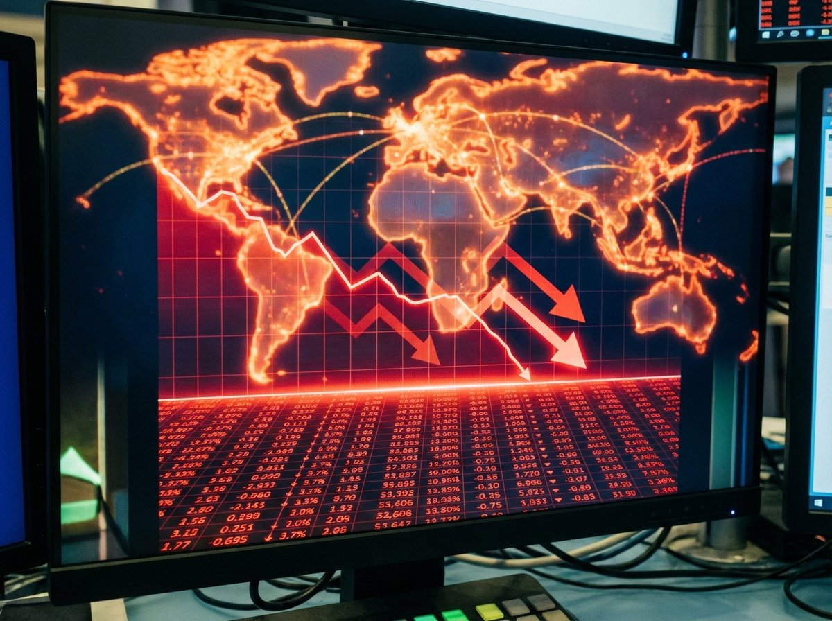 A detailed composition of a digital financial screen showing a downward trending stock market graph with red indicators. In the background, a blurred world map is visible, signifying the global impact of trade wars. 4:3 aspect ratio, no text.