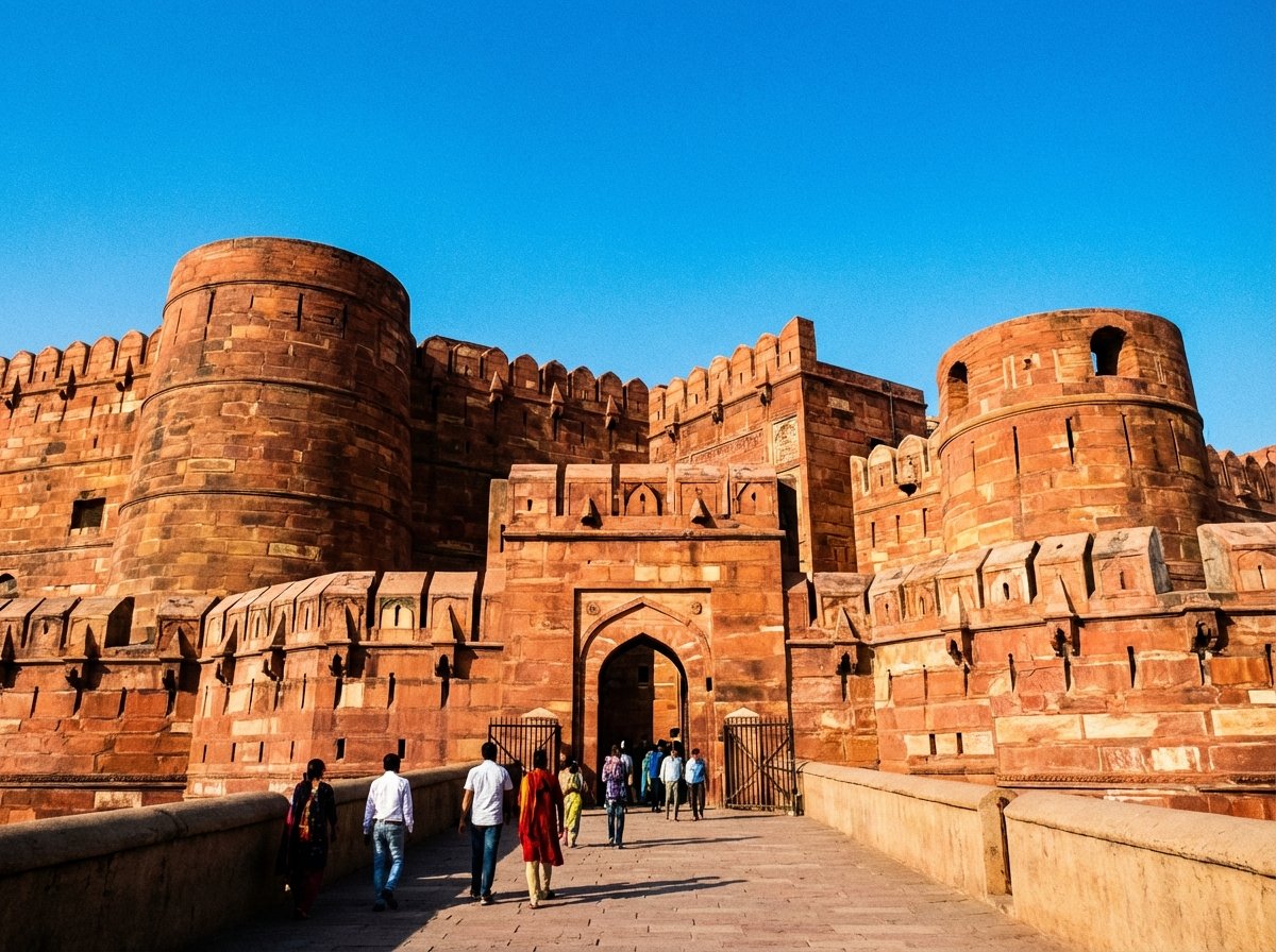 Massive red sandstone walls and main entrance gate of Agra Fort in India, bright blue sky, wide angle architectural photography, high contrast, 4:3 ratio, no text