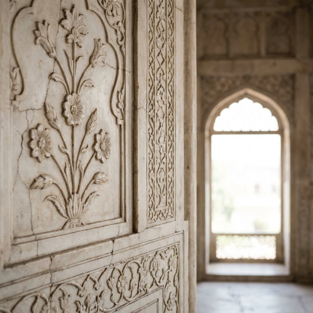 Close up of intricate white marble floral carvings and patterns inside Jahangir Mahal at Agra Fort, soft natural lighting, realistic texture, 1:1 ratio, no text