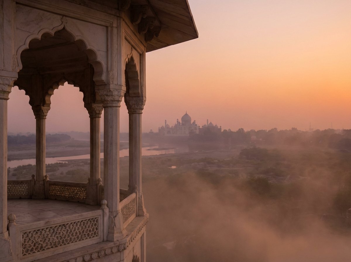 View of the Taj Mahal in the distance through a white marble arched balcony of Agra Fort, sunset lighting, hazy atmospheric perspective, 4:3 ratio, no text