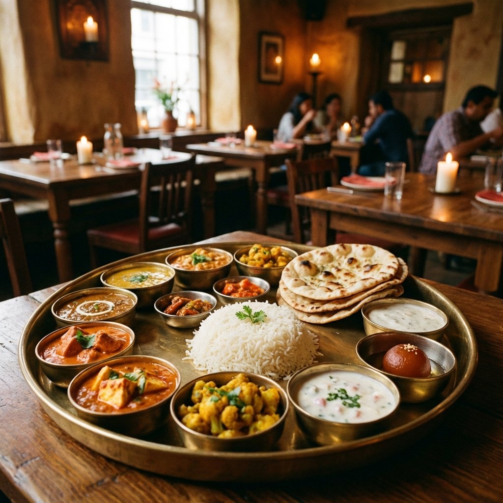 A traditional Indian Thali meal with various small bowls of curries, rice, and naan bread on a round brass plate, warm restaurant atmosphere, 1:1 ratio, no text
