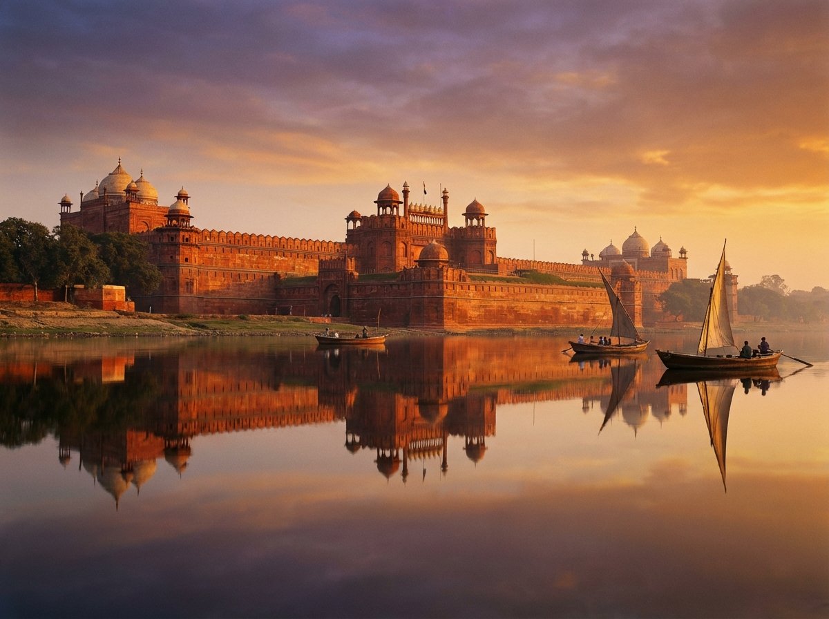 Majestic panorama of Agra Fort reflected in the Yamuna River during golden hour sunset, cinematic lighting, historical atmosphere, 4:3 ratio, no text