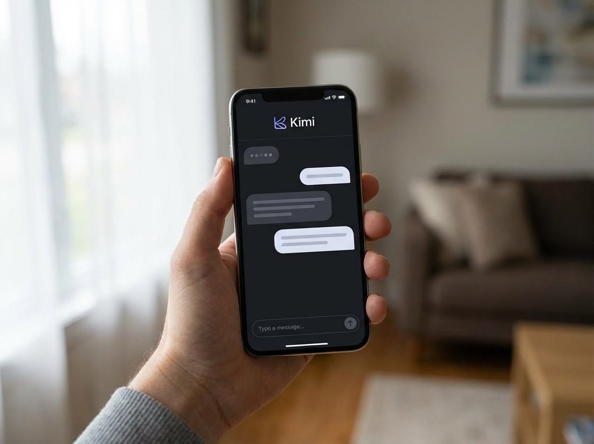 A smartphone held in a hand showing a sophisticated AI chatbot interface called Kimi, minimal and clean design, realistic photography, natural daylight from a window, 4:3 aspect ratio, no text.