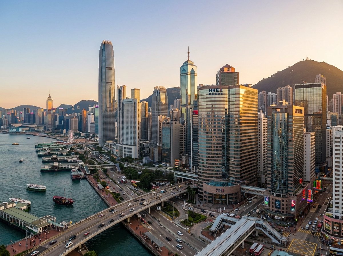 Panoramic view of the Hong Kong financial district with the stock exchange building, dynamic business environment, sunset lighting, realistic architectural photography, 4:3 aspect ratio, no text.