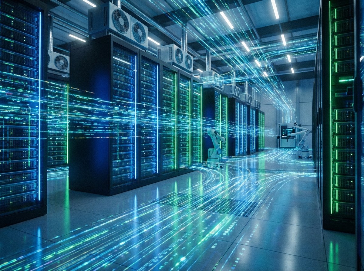 Visualization of a high-tech data center with glowing server racks and digital data streams, representing cloud computing and big tech infrastructure, 4:3 aspect ratio, cinematic lighting, no text.