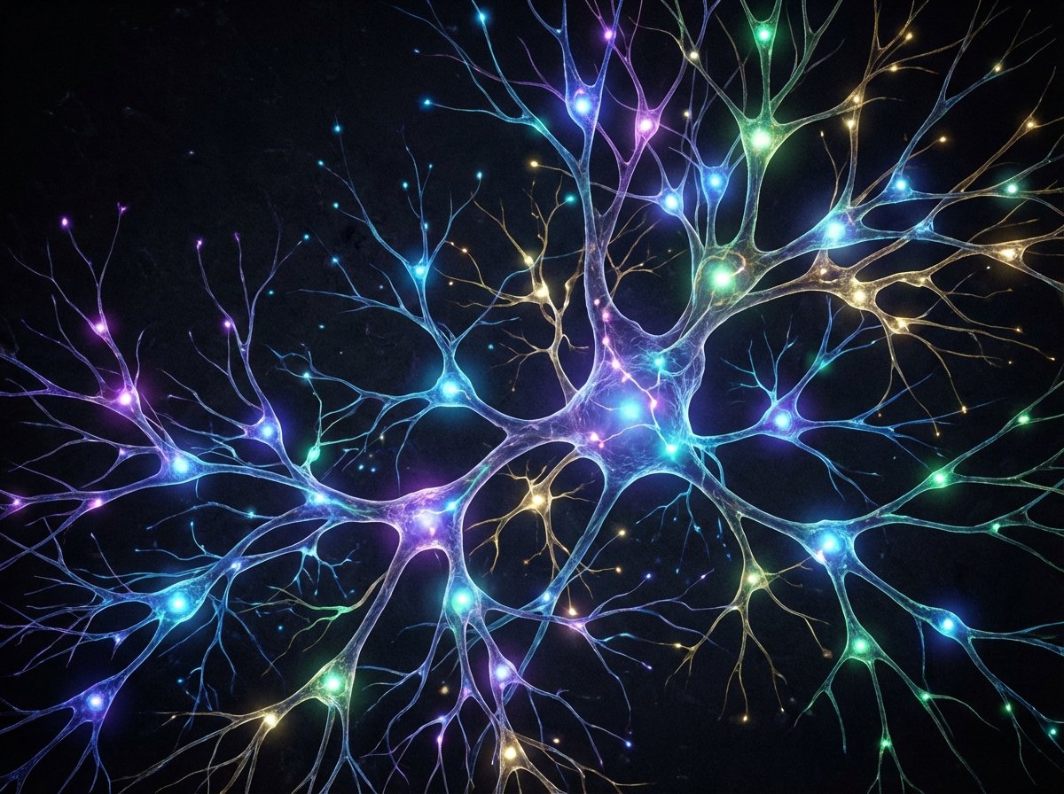 Abstract representation of AI growth and neural networks, glowing nodes and connections against a dark background, vibrant colors, 4:3 aspect ratio, high resolution digital art, no text.