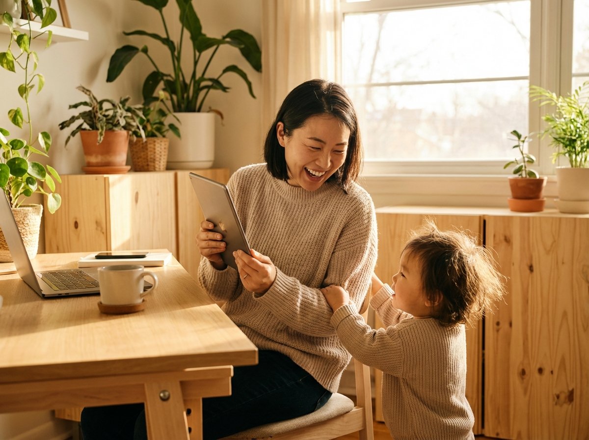 A Korean remote worker in a bright home office, interacting naturally with a child or family member, warm natural lighting, lifestyle photography, no text, 4:3 aspect ratio