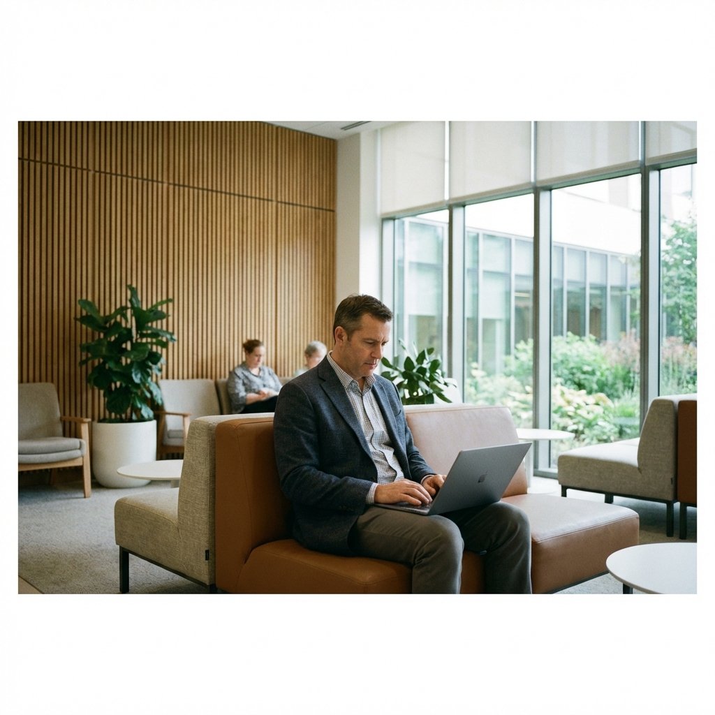 A professional person working on a laptop in a modern hospital waiting area or transit lounge, focused expression, realistic setting, soft ambient light, no text, 1:1 aspect ratio