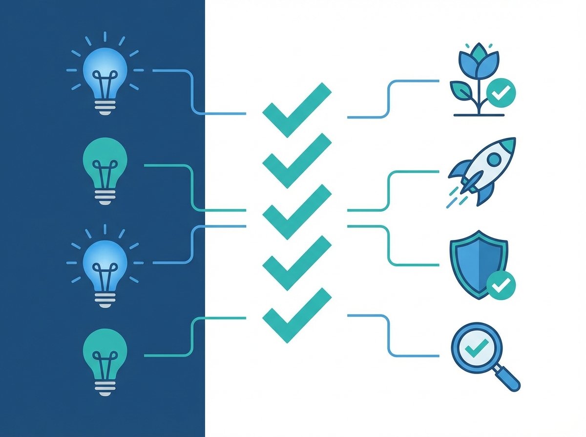 A clean infographic representation of task completion and outcomes, creative lightbulbs and checkmarks, modern flat design, blue and teal color palette, no text, 4:3 aspect ratio