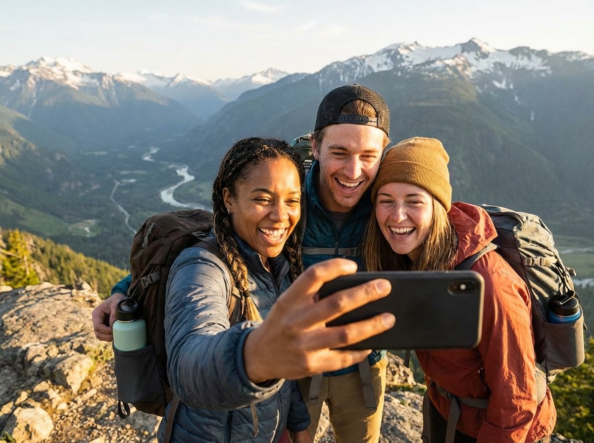 Three happy diverse friends capturing a cheerful moment with a selfie during a mountain travel adventure, beautiful landscape background, cinematic lighting, realistic photography, 4:3 aspect ratio, no text.