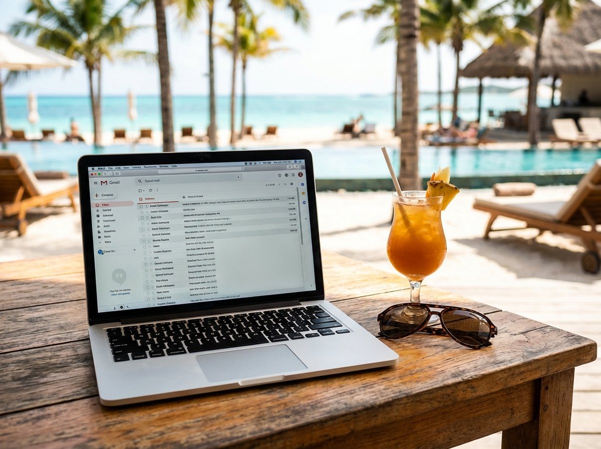 A laptop open on a table next to a pair of sunglasses and a tropical drink, looking out at a beach resort, combination of work and leisure, high contrast, lifestyle photography, 4:3 aspect ratio, no text.