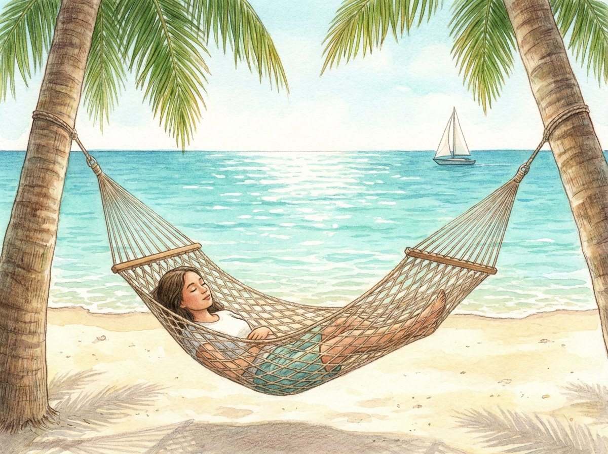 A peaceful person relaxing in a hammock between two palm trees on a quiet beach, turquoise water in the background, serene and tranquil atmosphere, high quality illustration, 4:3 aspect ratio, no text.