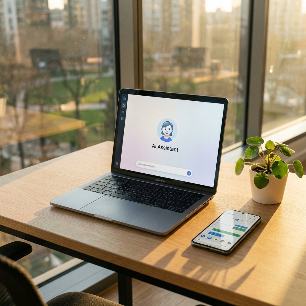 A modern office workspace with a clean wooden desk, a laptop displaying a sleek AI chatbot interface, a smartphone, and a small green plant. Natural sunlight streaming through a large window, creating a warm and productive atmosphere. High-quality photography. 1:1