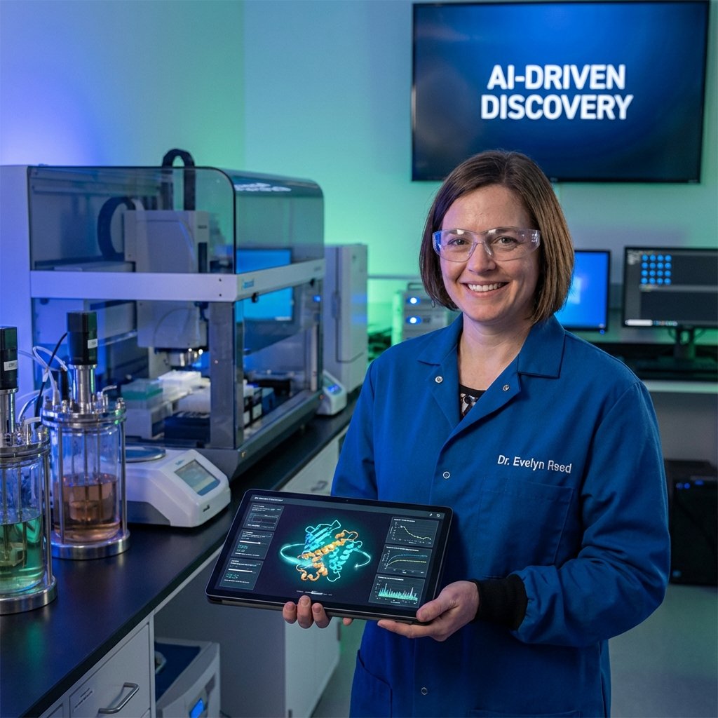 A professional scientist in a modern laboratory setting, looking at a tablet screen that displays complex 3D molecular structures and data charts. The background features lab equipment with soft lighting, symbolizing AI application in science and health. 1:1