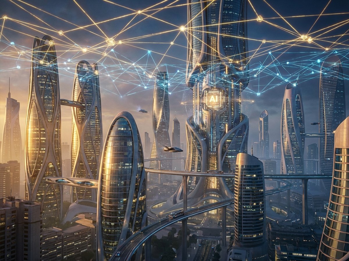 A futuristic cityscape at dusk with glowing connection lines and nodes floating above buildings, representing a hyper-connected society powered by AI. Detailed architectural composition with warm golden and cool blue lights. 4:3