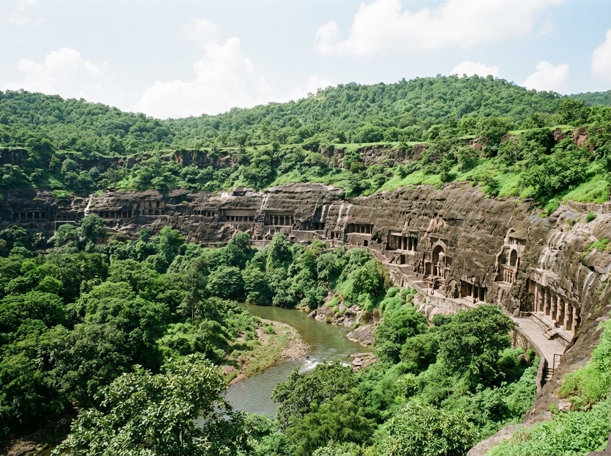 A wide landscape photo of the horseshoe-shaped cliff of Ajanta Caves in India, lush greenery, ancient stone cave entrances visible along the cliff side, bright daylight, 4:3