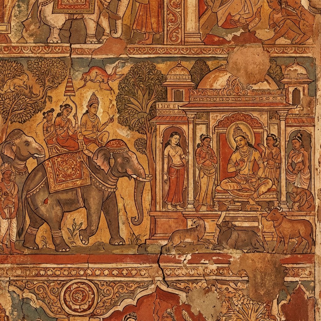 A close-up illustration of ancient Indian Buddhist wall paintings showing Jataka tales with warm earthy tones, intricate details, historical artistic style, 1:1