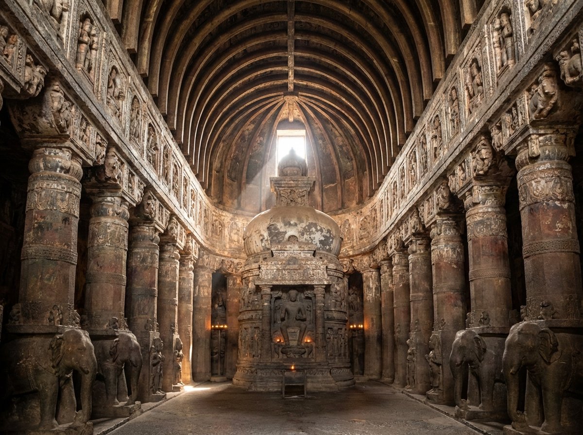 The interior of a majestic rock-cut Chaitya hall with a large stupa at the end and carved pillars on sides, soft mystical lighting, 4:3