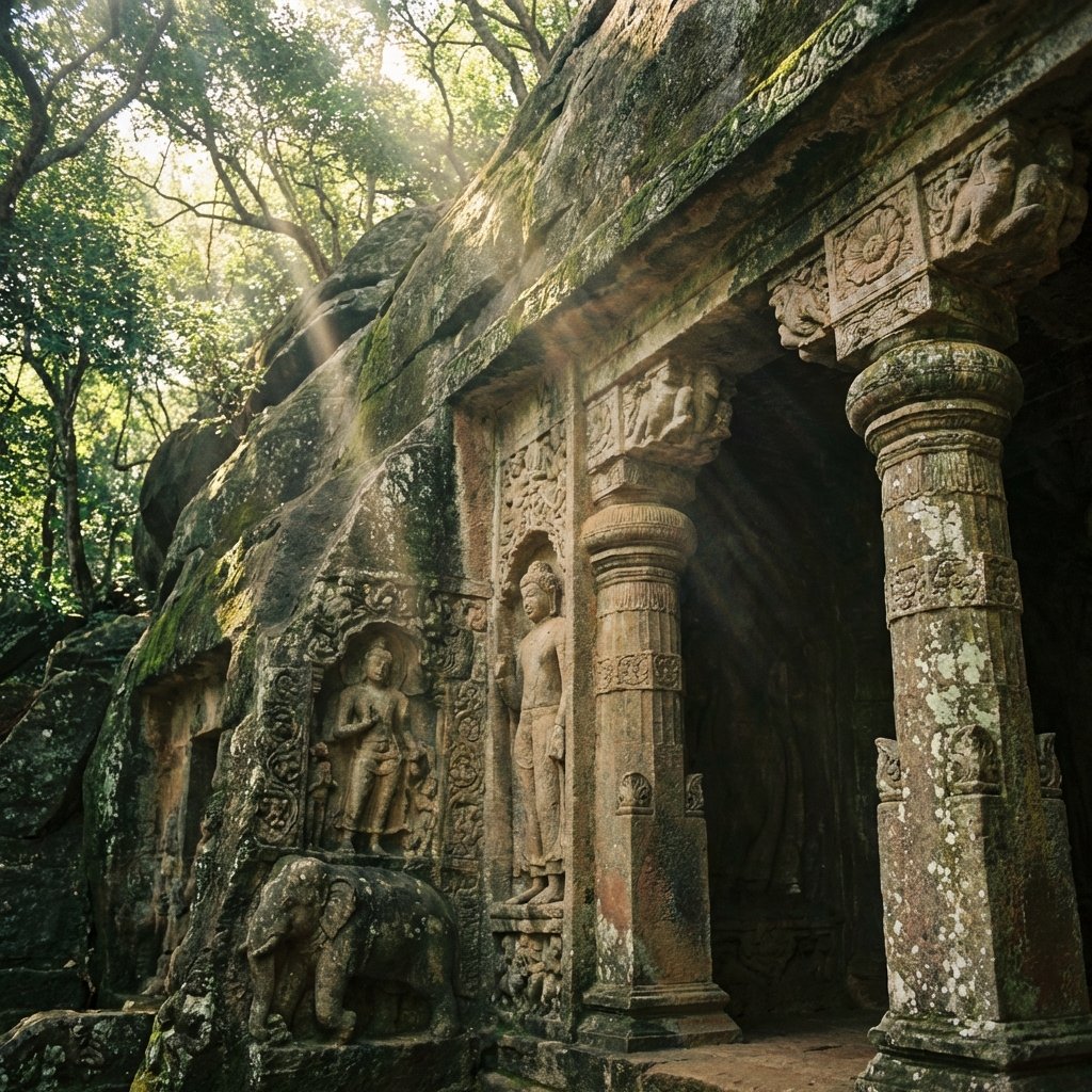 Detailed artistic rendering of ornate stone carvings and pillars at the entrance of a Vihara cave, historical atmosphere, sunlight filtering through, 1:1