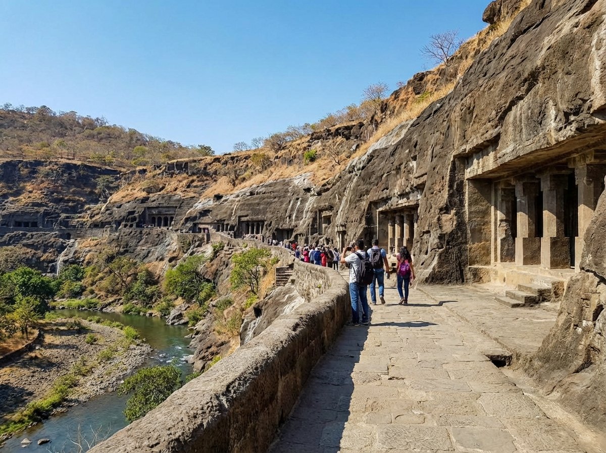 A realistic view of the stone pathway along the cliff side of Ajanta Caves with people walking and admiring the scenery, clear blue sky, 4:3