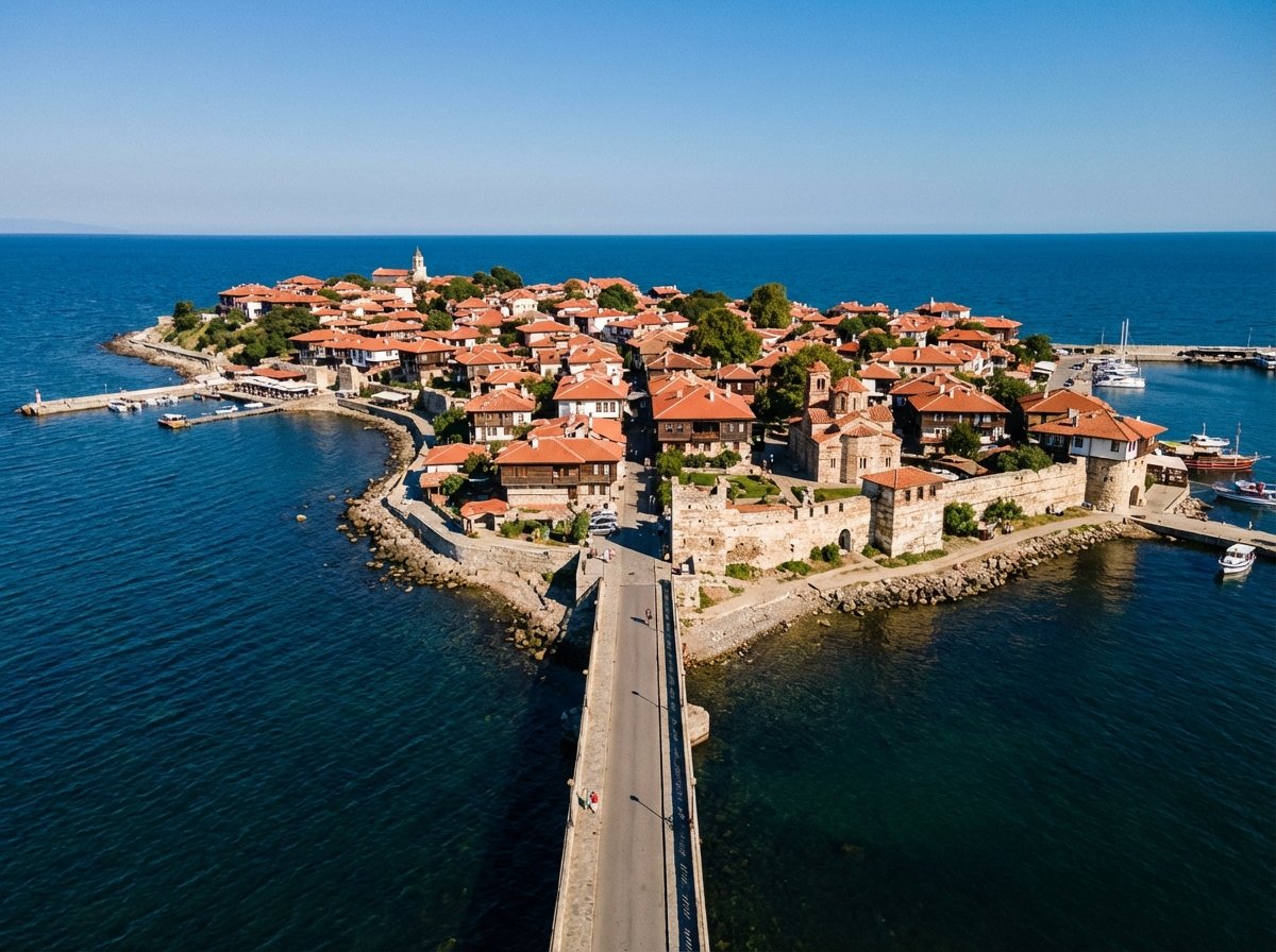 A wide-angle panoramic view of the Ancient City of Nessebar in Bulgaria, showing the peninsula connected to the mainland by a narrow bridge, historic red-roofed buildings, and the deep blue Black Sea under a clear sky, high contrast, 4:3