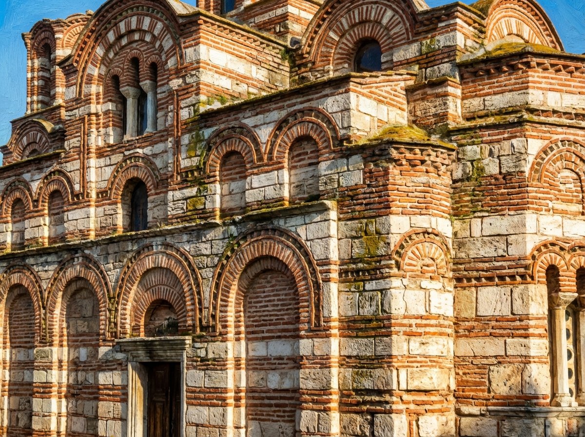 A close-up shot of an ancient Byzantine church in Nessebar made of red brick and white stone, showing intricate architectural details and weathered textures, bright sunlight, artistic rendering, 4:3