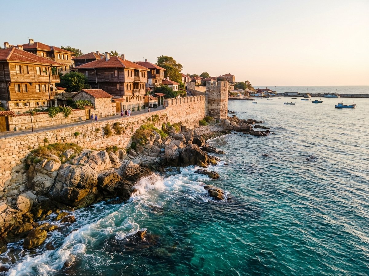 A scenic view of the ancient city walls of Nessebar along the Black Sea coast, crystal clear turquoise water hitting the rocks, historic wooden houses in the background, warm natural lighting, 4:3