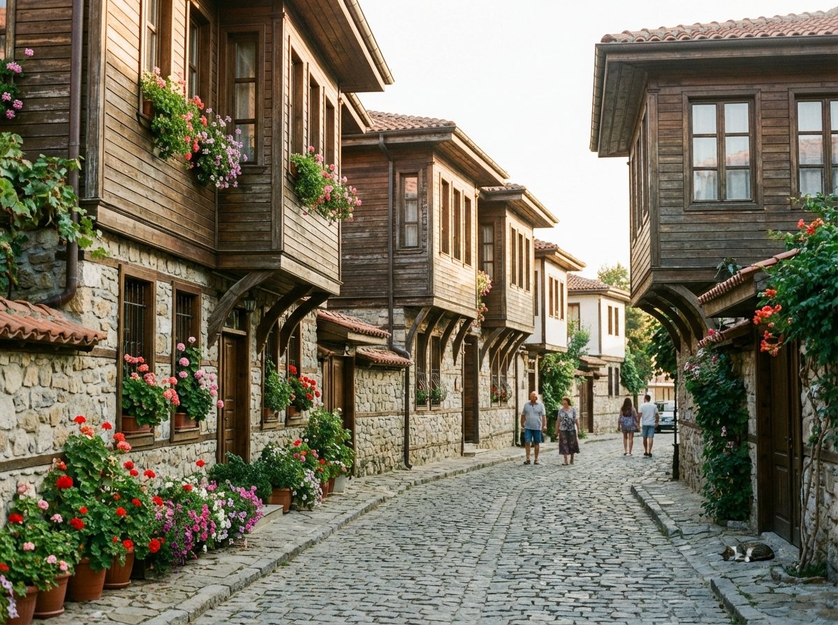 A narrow cobblestone street in Nessebar lined with traditional Bulgarian wooden houses from the National Revival period, hanging flowers, soft morning light, lifestyle photography, 4:3