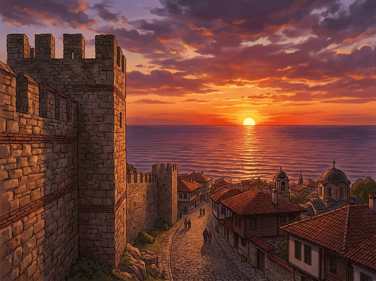 A breathtaking sunset view from the top of the ancient stone walls in Nessebar, the sun dipping below the Black Sea horizon, orange and purple sky, high quality illustration, 4:3
