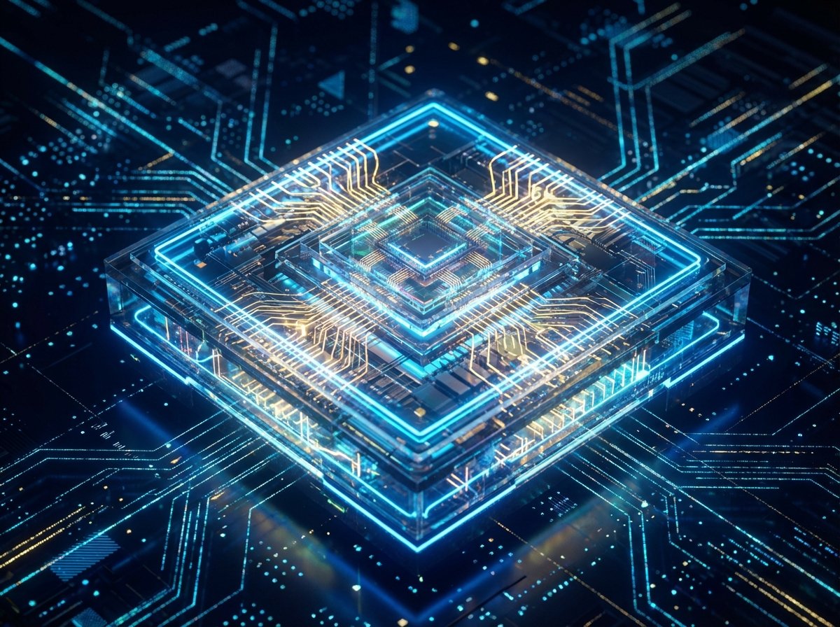 A futuristic high-tech semiconductor memory chip glowing with neon blue and golden circuits, floating in a dark digital space with floating data particles, 4:3