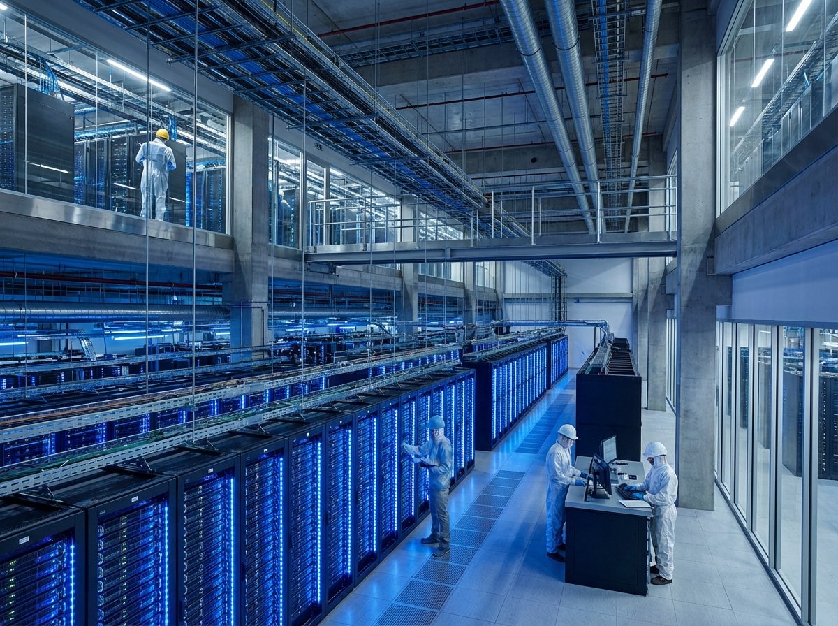 A vast modern data center room filled with glowing server racks, cool blue lighting, professional atmosphere, highly detailed technical architecture, 4:3