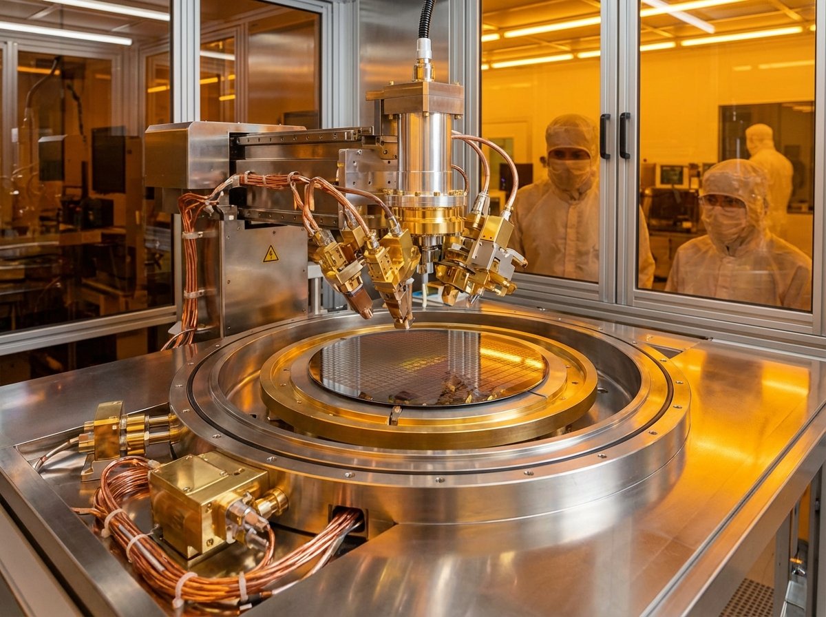 High-tech precision semiconductor manufacturing equipment working on a silicon wafer, clean room environment, golden and metallic textures, 4:3
