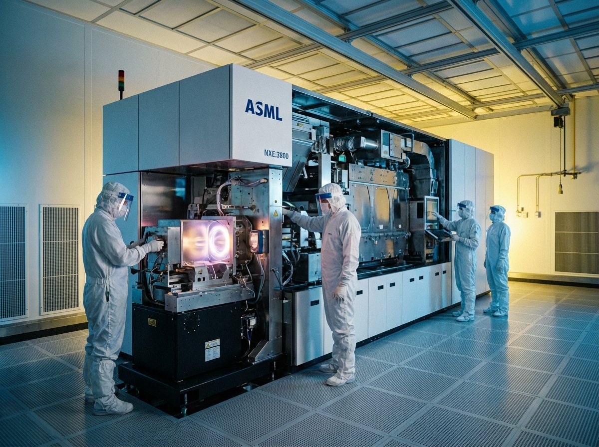 Advanced EUV lithography machine inside a sterile semiconductor clean room, engineers in white suits working carefully, cinematic lighting, 4:3