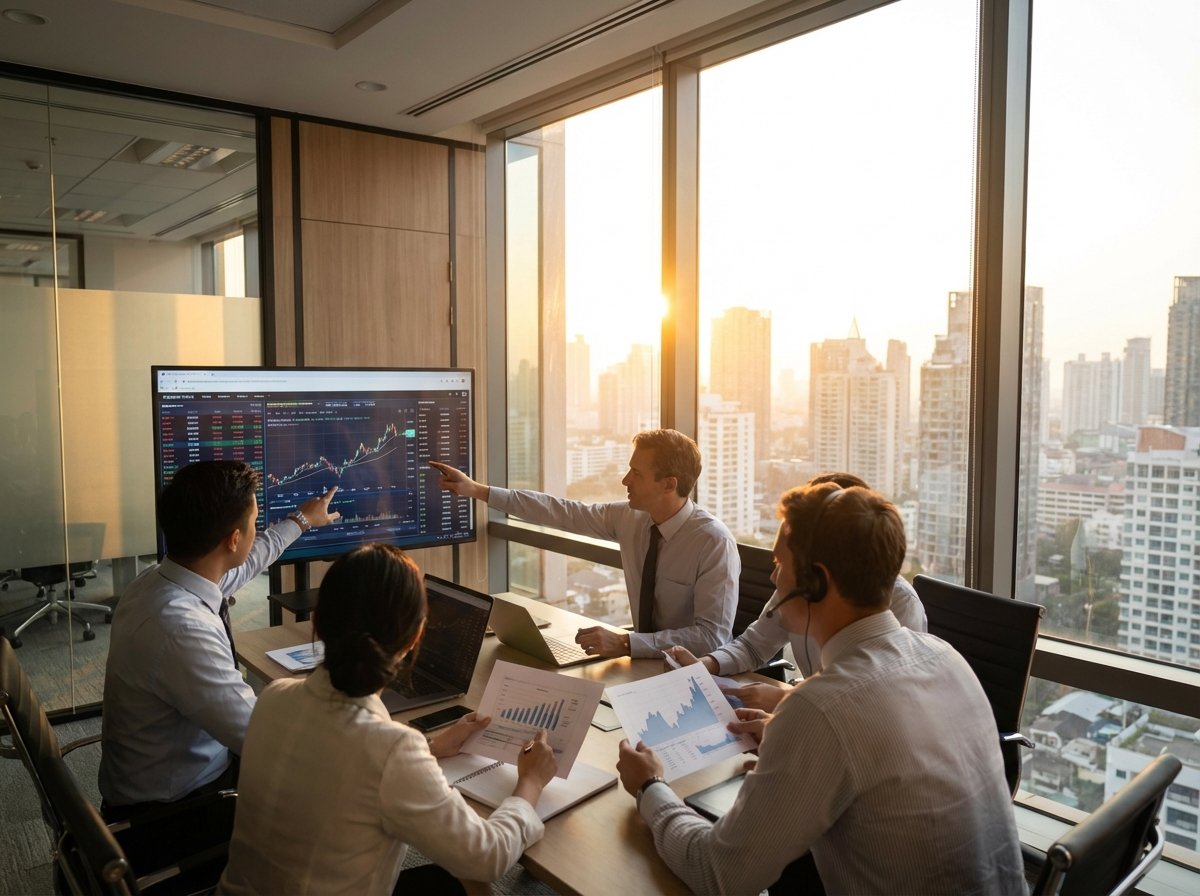 Professional financial analysts discussing market data in a modern office with large windows overlooking a city, warm sunlight, focused atmosphere, 4:3