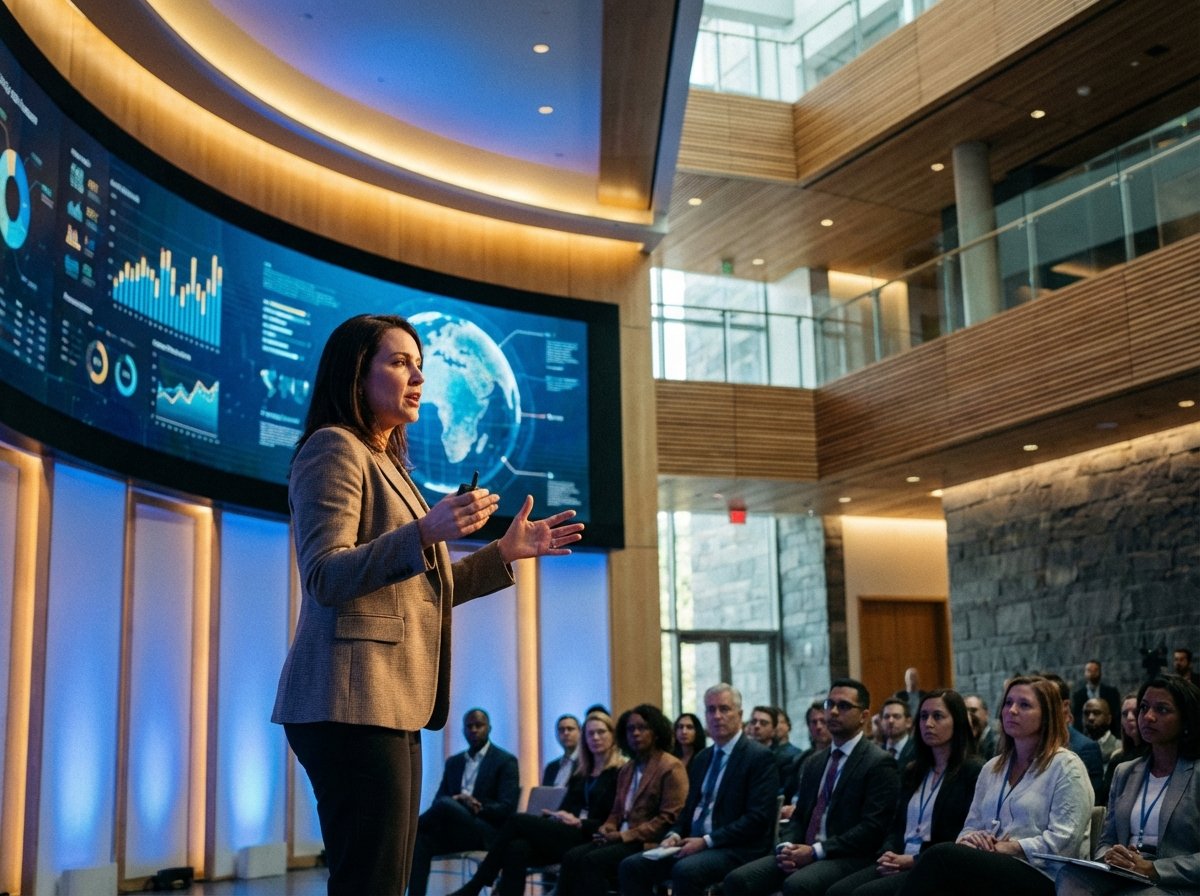 A professional and modern scene of a tech leader giving a keynote speech at a global economic forum. The setting is a sophisticated hall with soft blue and gold lighting. The atmosphere is serious and visionary. No text. 4:3
