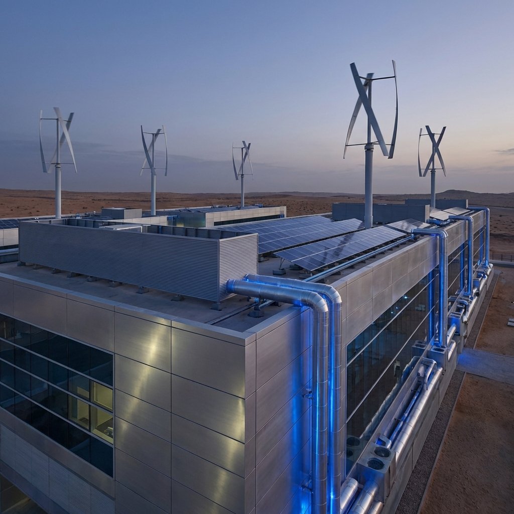 A futuristic data center integrated with renewable energy sources like solar panels and wind turbines. The building has a sleek metallic design with glowing blue cooling systems. Professional architectural photography style. No text. 1:1