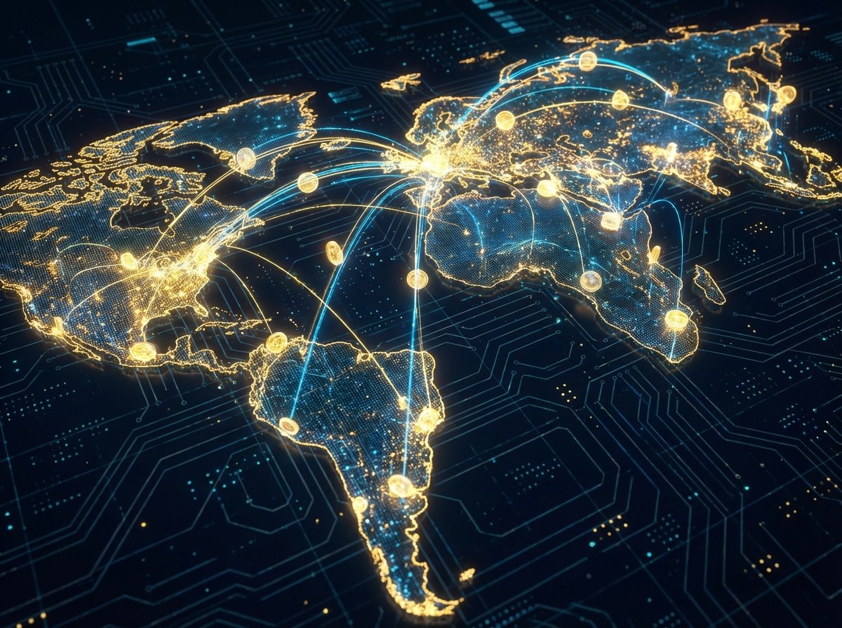 Abstract representation of digital tokens flowing through a global network. Gold and blue light trails connecting different continents on a dark background. High-tech and financial concept illustration. No text. 4:3