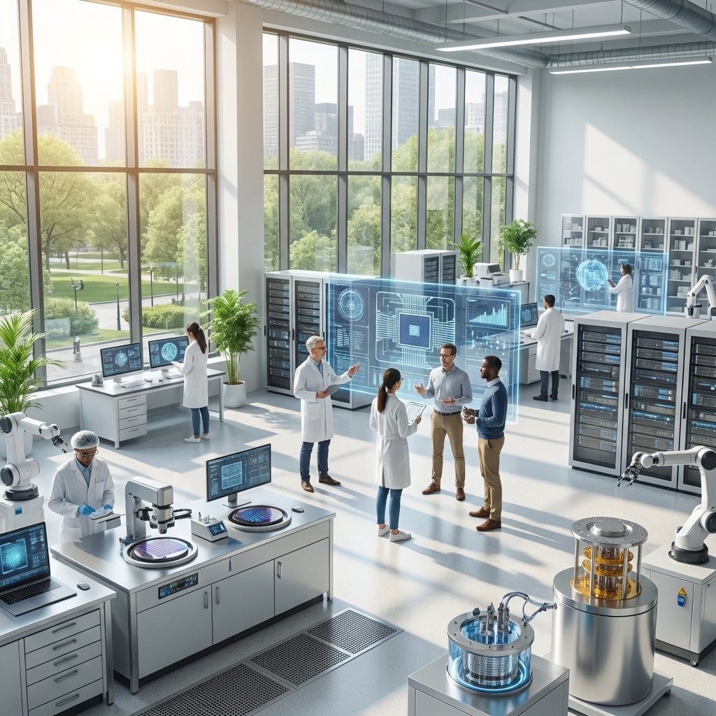 A clean and modern research laboratory with a focus on advanced computing and silicon technology. Scientists in the background working with holograms. Bright natural lighting through large windows. Professional and optimistic atmosphere. No text. 1:1