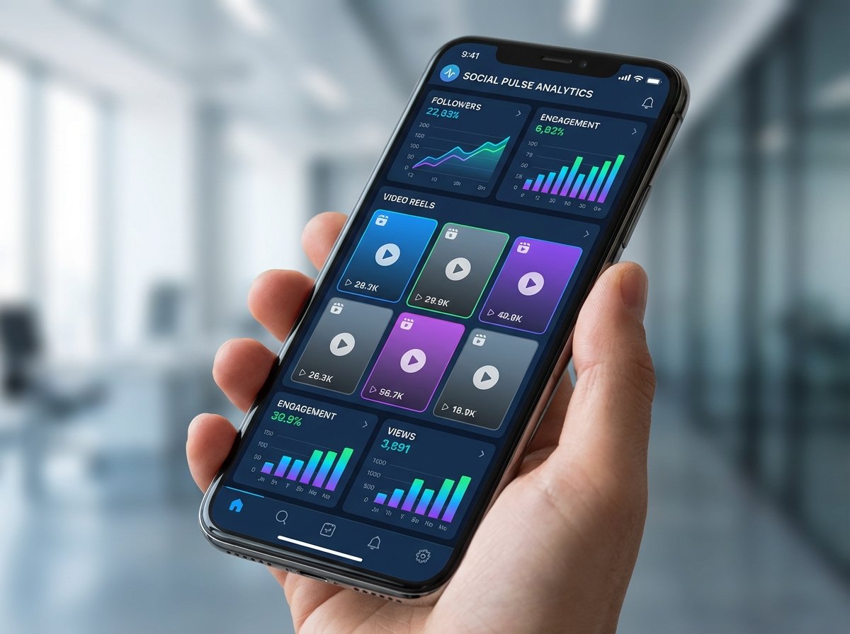 A modern digital dashboard displaying social media growth charts and video reel icons on a high-tech smartphone screen, vibrant colors, clean layout, 4:3