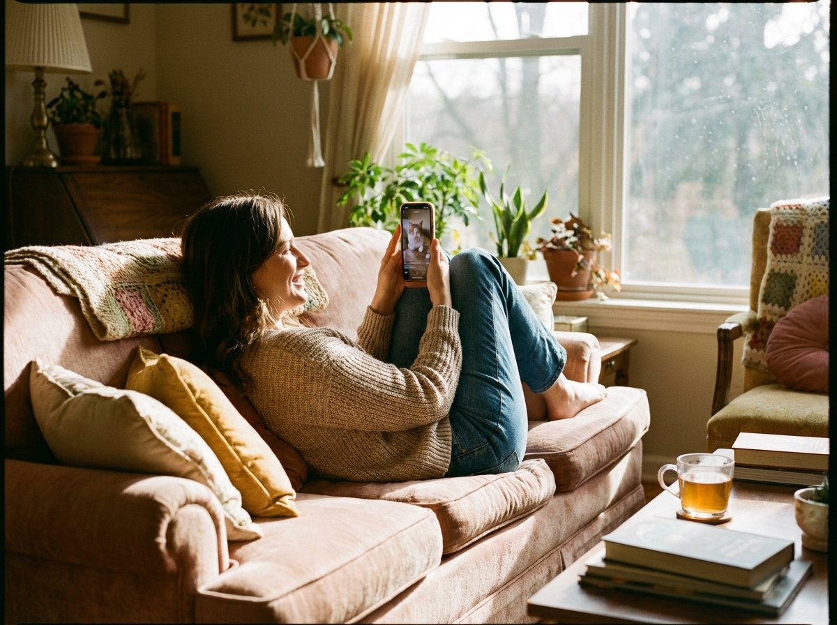 A person sitting on a cozy sofa in a sunlit living room, holding a smartphone and watching a vertical short-form video with a smile, natural lifestyle photography, warm lighting, 4:3