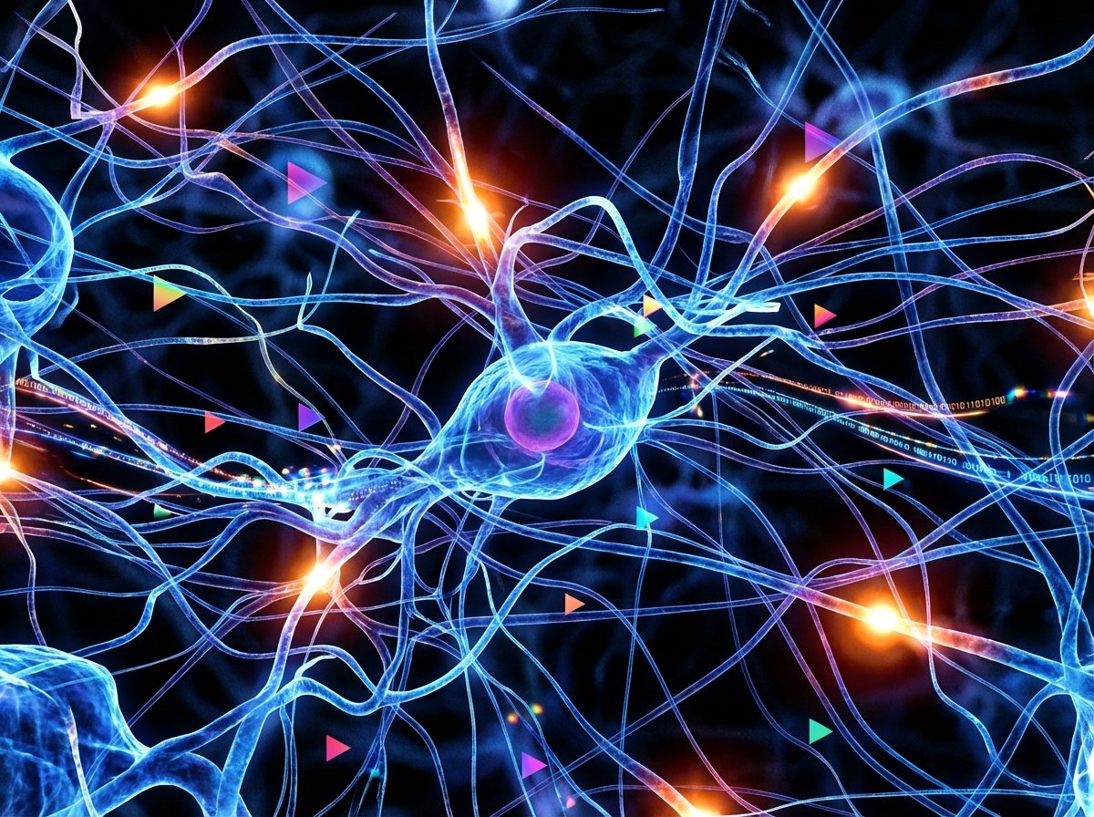 Abstract visualization of artificial intelligence neural networks connecting with colorful video play icons and data streams, high contrast, artistic rendering, 4:3