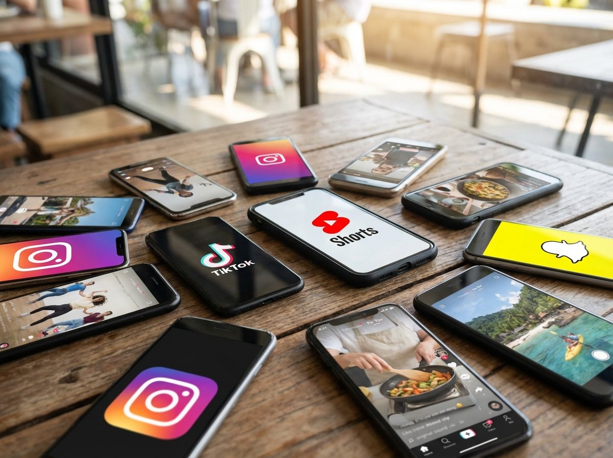 Multiple smartphone screens displaying different social media app logos and short-form video interfaces arranged on a wooden table, professional composition, clean focus, 4:3